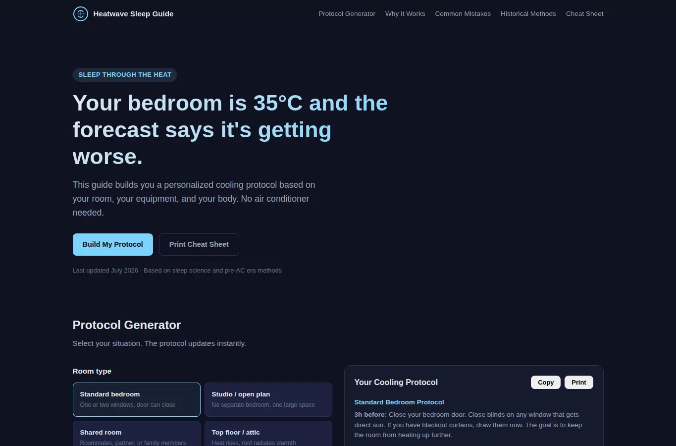 Screenshot of Heatwave Sleep Survival Guide interface showing the project page in use